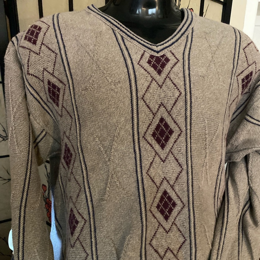 Caramel Men's Tan V-Neck Sweater with Purple Argyle Detail